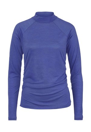 Langarm, hoge hals shirt in effen blauw. Gemaakt van een zachte, rekbare stof met geplooide accenten langs de zijkanten voor een getailleerde look.