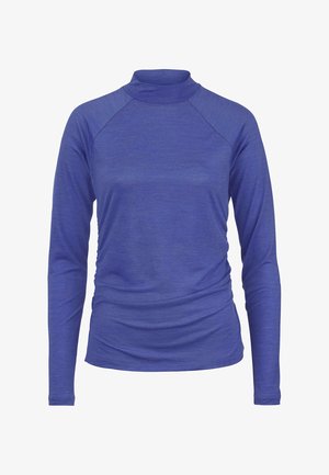 Langärmliges, hochgeschlossenes Shirt in einfarbigem Blau. Hergestellt aus einem weichen, dehnbaren Stoff mit gerafften Akzenten an den Seiten für eine figurbetonte Passform.