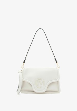 White leather shoulder bag with flap closure, curved edges, black adjustable strap, and raised "LCM" logo on front.
