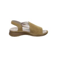 Tan open-toe sandal with elastic side straps, cushioned insole, and textured rubber sole for casual wear.