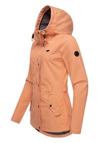 Water-resistant orange jacket with a hood, featuring a zip front, two side pockets, and a logo patch on the left sleeve. Smooth texture.