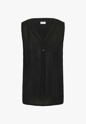 Top negru fără mâneci, cu decolteu în V și detaliu cu un buton. Material moale, ușor texturat, cu o croială lejeră și o margine dreaptă.