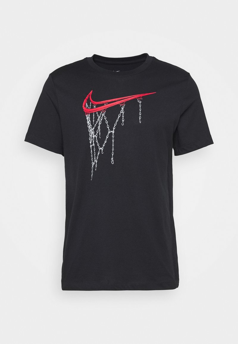 Svart bomull T-shirt med en röd Nike-logotyp med vita kedjaliknande detaljer som hänger nedanför. Klassisk rund hals och korta ärmar.