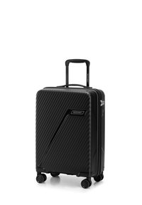 Black hard-shell suitcase with a ribbed texture, telescopic handle, and four wheels. Features a logo and sleek, modern design. Compact size.
