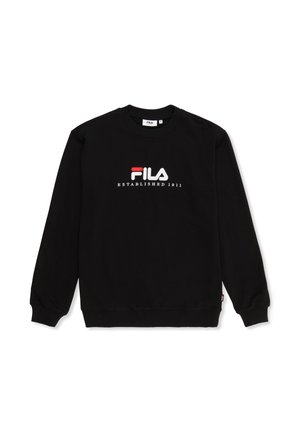Schwarzer Pullover mit Rundhalsausschnitt, langen Ärmeln, gerippten Bündchen und Saum. Mit weißem und rotem "FILA"-Logo und dem Text "ESTABLISHED 1911".