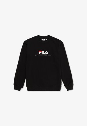 Sudadera negra con cuello redondo, mangas largas, puños y dobladillo acanalados. Presenta el logo blanco y rojo de "FILA" con el texto "ESTABLECIDO EN 1911".