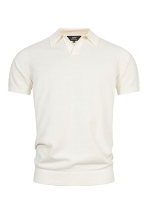 Crèmekleurig poloshirt met korte mouwen, een geribde zoom en kraag, voorzien van een klein zwart label aan de binnenkant van de halslijn.