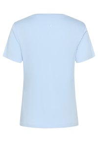 Hellblaues kurzärmeliges T-Shirt mit rundem Ausschnitt und einem kleinen gestickten Detail auf der Rückseite. Glatter Stoff, lässige Passform.