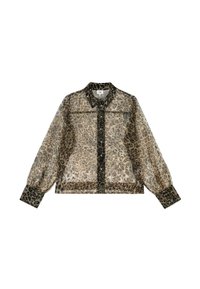 Blouse en imprimé léopard transparent avec de longues manches bouffantes, col et poignets noirs, devant à boutons et un motif texturé sur l'ensemble.