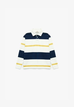 Langærmet polo shirt med hvid bund, marineblå og gule vandrette striber, krave og tre-knap front. Blødt bomuldsstof.