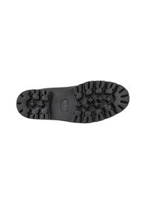 Zwarte rubberen laarzenzool met diepe profiel en een gestructureerd patroon voor grip, met een ovale logo ruimte in het midden.