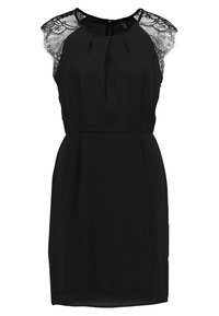 Černé šaty s krajkovými krátkými rukávy, kulatým výstřihem a přiléhavým pasem s volnou sukní. Hladká tkanina bez viditelných vzorů.