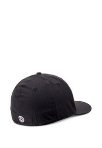Black baseball cap with a solid texture, curved brim, and small white logo on the back. Features ventilation holes on the crown.