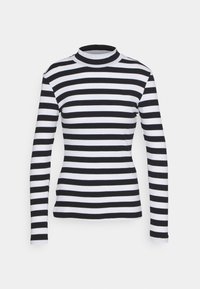 Schwarz-weiß gestreiftes Langarm-Turtleneck-Oberteil, weicher Stoff, eng anliegendes Design, mit hohem Kragen und durchgehenden horizontalen Streifen.