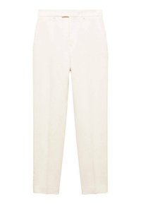 Beżowe spodnie o wysokim stanie i prostych nogawkach, z szlufkami na pasek, z przodu zapinane na zamek oraz z wyprasowaną kantem na nogawkach.