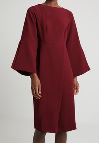 Viininpunainen mekko, jossa on neliömäinen pääntie, pitkät liehukevät hihat, jämäkkä vartaloosa ja polvipituinen helma. Valmistettu sileästä, teksturoidusta kankaasta.