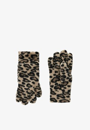 Læderhandsker med leopardprint lavet af blødt stof, der har en beige baggrund med sorte pletter, designet med fem fingre og en manchet ved håndleddet.