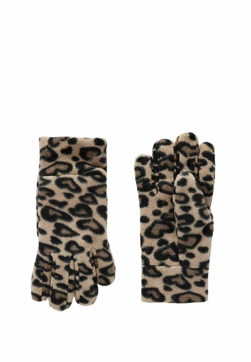 Rukavice s leopardím vzorom zo soft tkaniny, s béžovým pozadím a čiernymi škvrnami, navrhnuté s piatimi prstami a manžetou na zápästí.