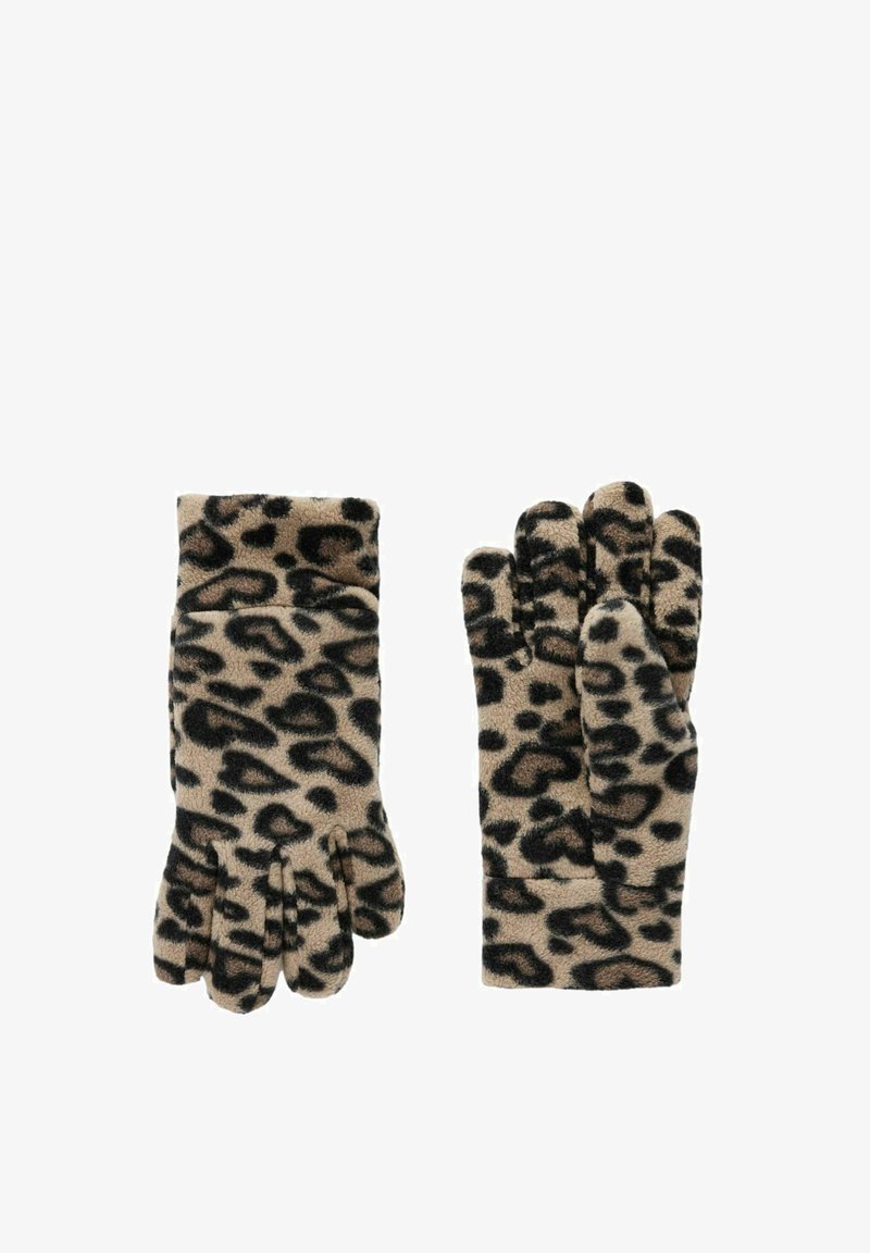 Leopard print gloves made of soft fabric, featuring a beige background with black spots, designed with five fingers and a cuffed wrist.