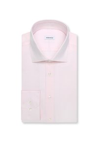 Chemise habillée rose clair pour homme avec un col classique, des boutons blancs et un poignet à un seul bouton soigneusement plié.