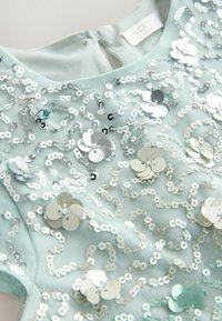 Mėtos žalios spalvos palaidinė su tekstūruotu uždengimu, papuošta sidabrinėmis blizgučiais gėlių ir besisukančių raštų motyvais, turinti užpakalinį užtrauktuką.