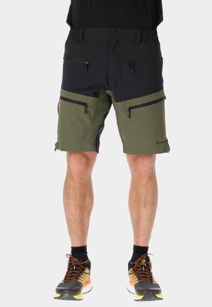 Two-tone shorts in black and olive green, featuring multiple zippered pockets, an adjustable waistband, and lightweight, durable fabric.