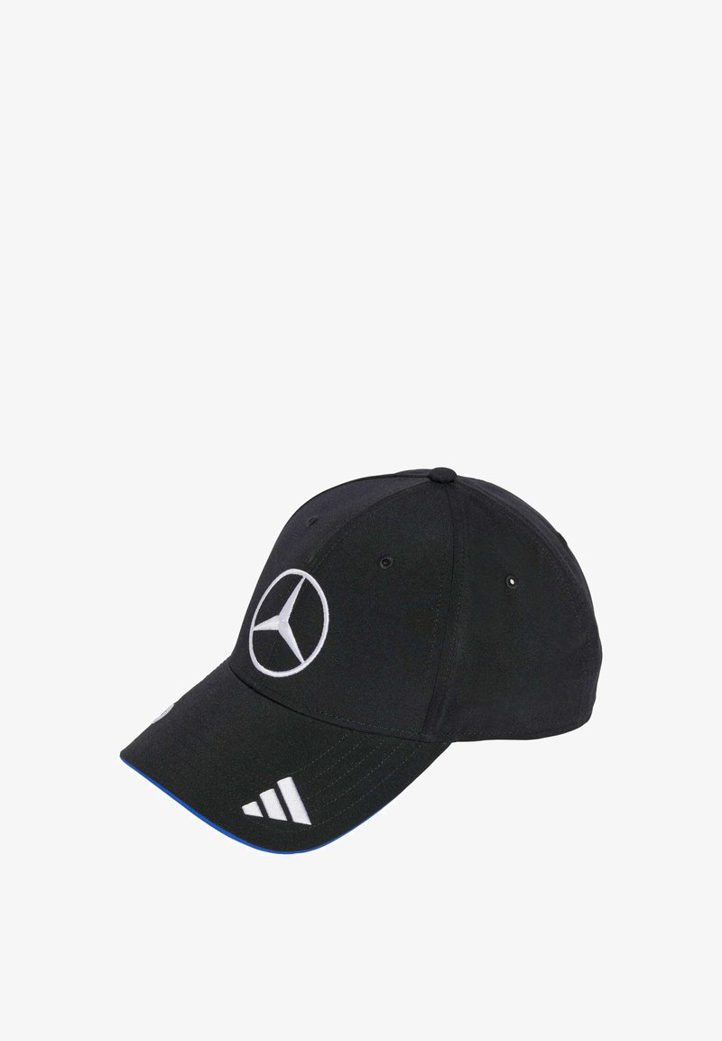 Black baseball cap featuring a white Mercedes logo on the front and three white Adidas stripes on the side; smooth fabric and curved brim.