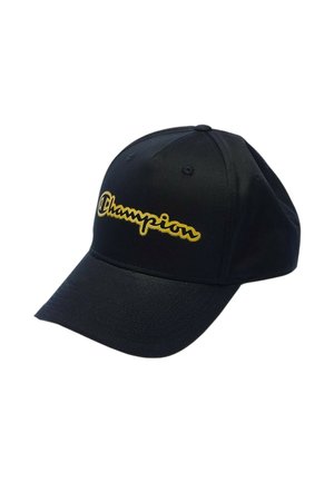 Cappellino da baseball nero con visiera curva con logo "Champion" ricamato in giallo sul pannello frontale.