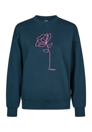 Dark blue crew neck sweatshirt with long sleeves and a pink continuous line drawing of a rose on the front.