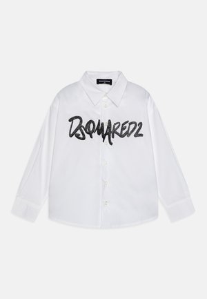 Camicia bianca a maniche lunghe con logo "DSQUARED2" glitterato nero, colletto classico, chiusura a bottoni e polsini con doppio bottone.