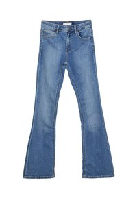 Džínsy s rozšířenými nohavicemi ve světle modrém denimu s hladkou texturou, vybavené dvěma předními kapsami, pasem s knoflíkem a pečlivým steháním na lemu.