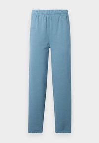 Lys blå joggebukser laget av mykt stoff med elastisk midjebånd, tapered ben og en subtil merkevarelogo preget på forsiden.