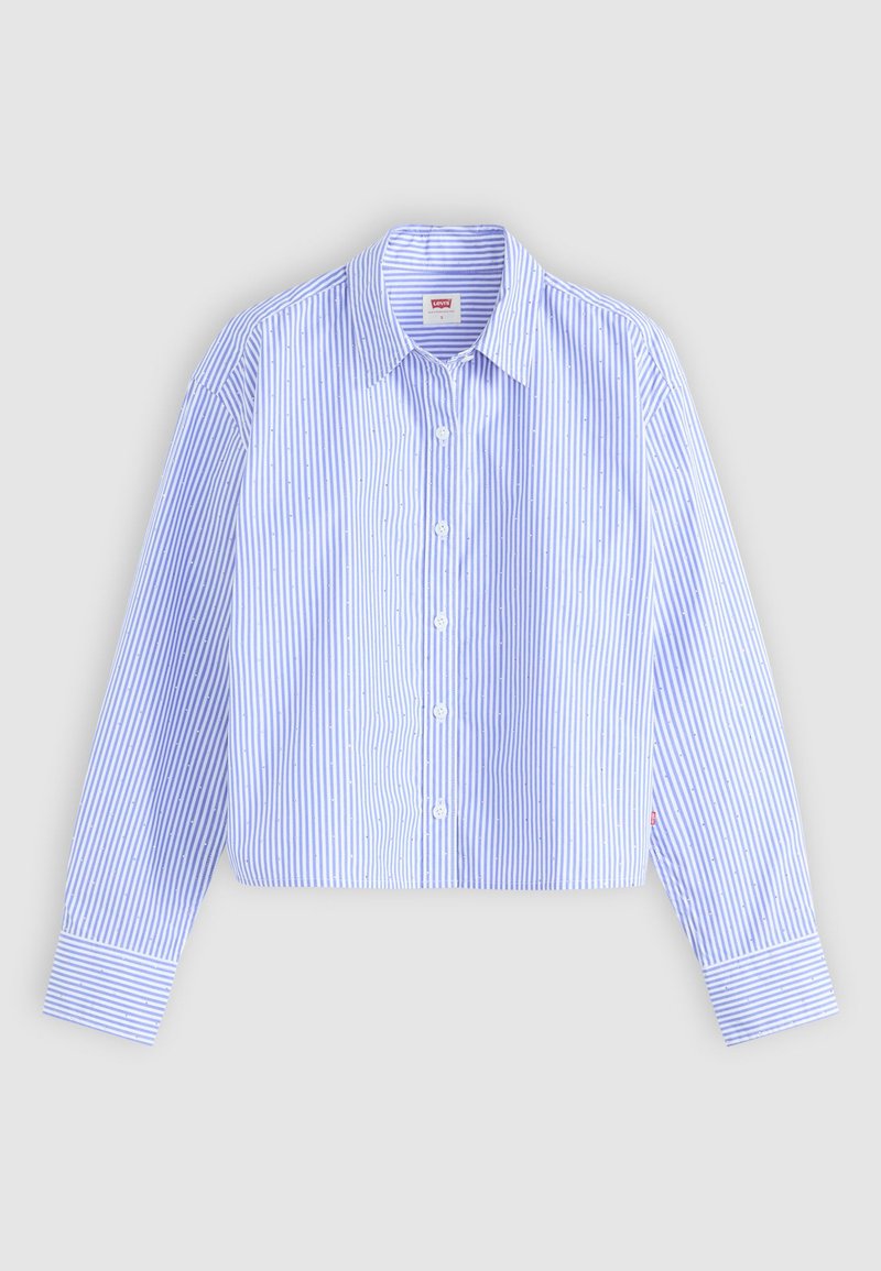Chemise courte à boutons avec des rayures verticales bleues et blanches, finition texturée, col pointu et poignets à un bouton.