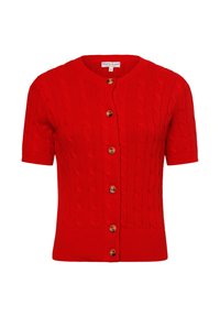 Röd kortärmad cardigan med ett strukturerat flätstickat mönster, försedd med träknappar och rund halsringning. Tillverkad av mjukt tyg.