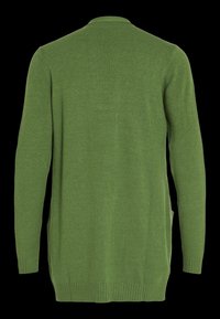 Cardigan vert olive en maille à manches longues avec poignets et ourlet côtelés, présenté de dos sur un fond noir.