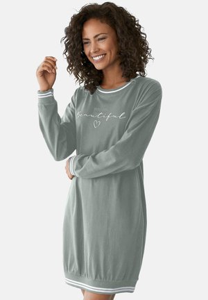 Light green dress featuring long sleeves, a round neckline, and striped ribbed cuffs. Text reads "You Are Beautiful" in white. Soft fabric.