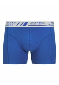 Blue boxer briefs with a white elastic waistband, featuring the brand name "JACK & JONES" and a minimalist design with smooth texture.
