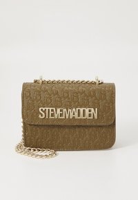 Olive green embossed crossbody bag with gold hardware and chain strap. Features "STEVE MADDEN" logo on front, rectangular shape, textured surface.