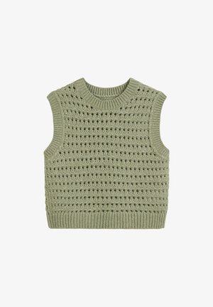 Ärmelloser Strickpullover in sanftem Grün mit strukturiertem, offenem Gewebemuster, geripptem Halsausschnitt und Saum sowie geradem Schnitt.