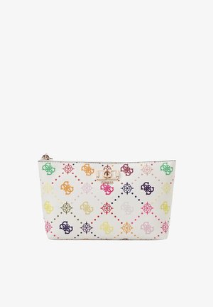 Pochette bianca con zip con loghi Guess multicolori e motivo a diamante, con emblema Guess dorato e chiusura al centro davanti.