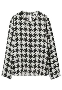 Langärmlige Bluse im schwarz-weißen Hahnentrittmuster, mit rundem Ausschnitt und Schlitzdetail im Rücken, aus leichtem Material gefertigt.
