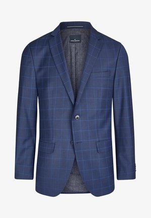 Marineblauer Blazer mit Karomuster, ausgestattet mit einem einzelnen Knopf, zwei Fronttaschen und einem strukturierten Innenfutter.