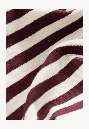 Tissu tricoté avec des rayures alternées bordeaux et crème. La texture est lisse avec un léger stretch, mettant en valeur un motif rayé classique.