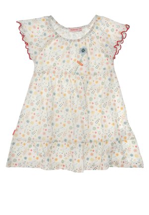 Weißes Baby-Kleid mit mehrfarbigem Blumenmuster, gerüschtem Saum, Flügelärmeln mit rotem Besatz und einer kleinen Blumenapplikation nahe dem Ausschnitt.