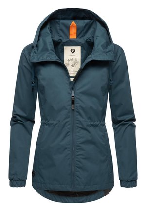 Teal hooded jacket with elastic cuffs, adjustable drawstring waist, and contrasting orange accent in the hood. Zipper closure, lightweight material.