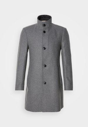 Gray wool coat with a high collar, three black buttons, and two side pockets. Features a herringbone pattern and a smooth texture.