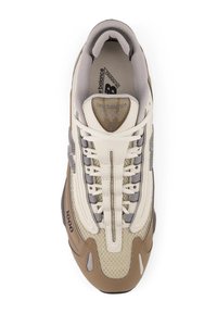 White and gray mesh running shoe with a beige rubber sole. Features lacing system, padded tongue, and textured accents on the upper.