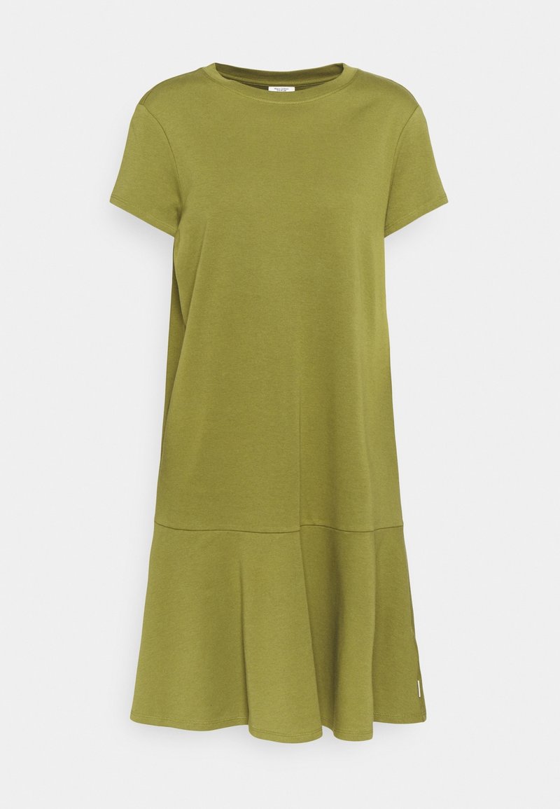 Olive green T-shirt dress made of soft cotton, featuring short sleeves, a round neckline, and a flared skirt with a seam detail.