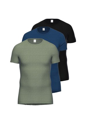 Three short-sleeve crew neck t-shirts with subtle horizontal stripes in green, blue, and black, stacked front to back on a white background.