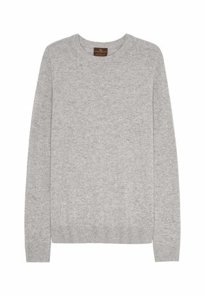 Sweater de punto gris claro con un cuello redondo, mangas largas, puños y dobladillo acanalados, y una pequeña etiqueta marrón en el cuello. Textura suave.